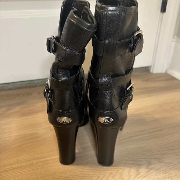 Coach Buckle Mid Calf Boots Black pebbled Leather Size 8B Alexandra Chunky Heel - Picture 8 of 12